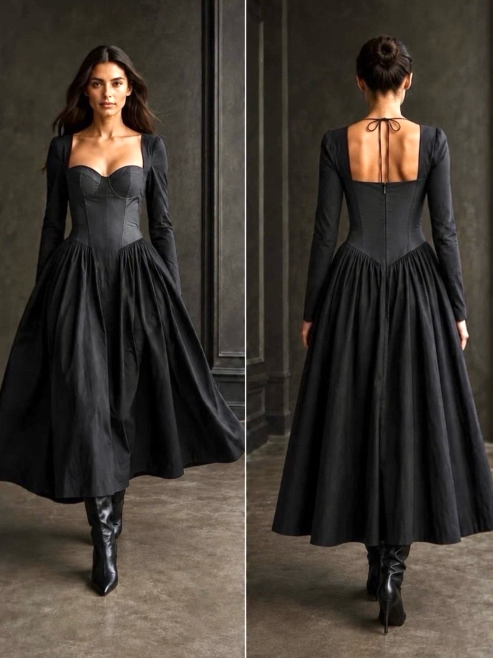 Parthea Black Corset Bustier Midi Dress Long Sleeve Low Back Women’s XS